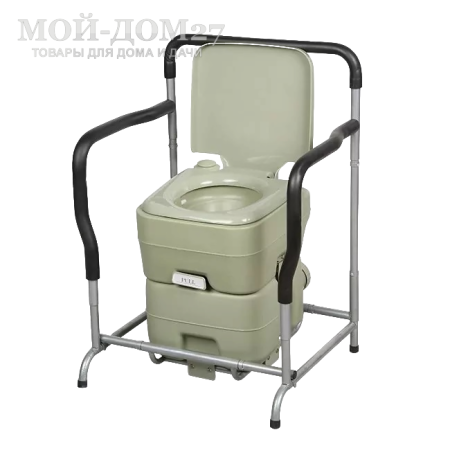 Кресло-подставка для биотуалета | Мой-Дом27 | Кресло-подставка для биотуалета сделано в виде гнутых металлических труб, подлокотников и спинки.